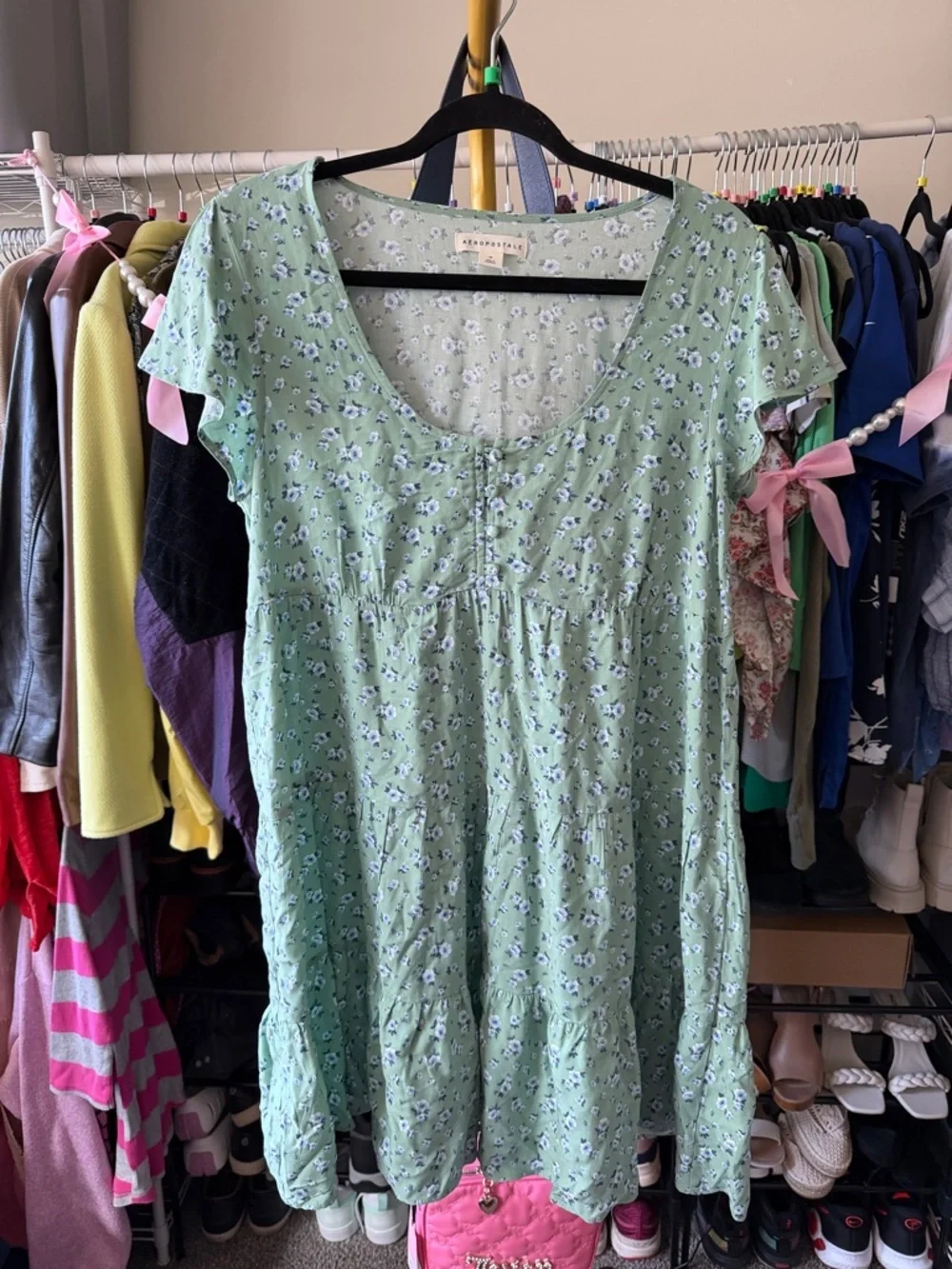 Aeropostale Light Green Floral Tiered Mini Dress size medium - Picture 2 of 7